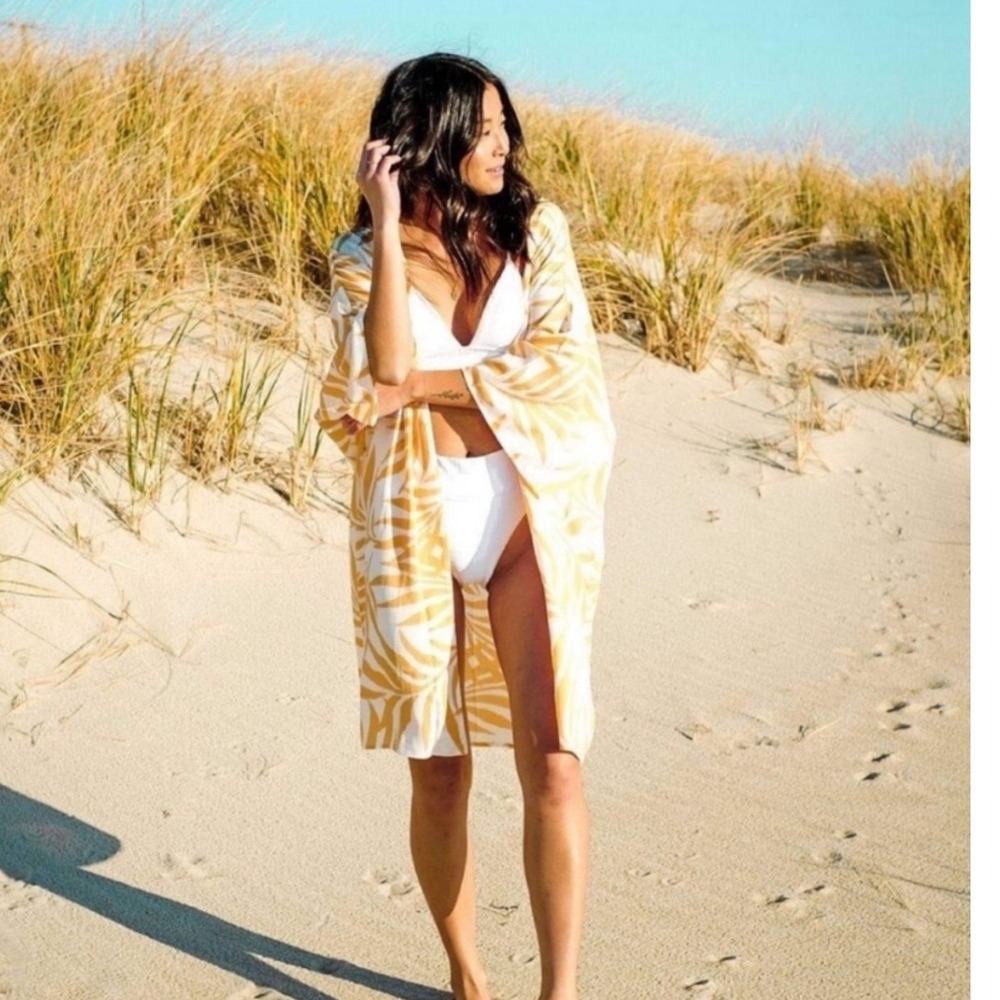 Maison Du Soir Yellow & White Palm Print Robe Kimono Beach Coverup M/L‎